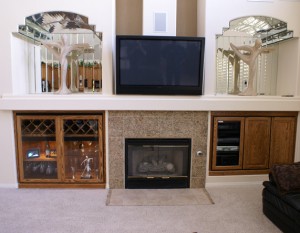 Built in custom cabinets with glass doors.
